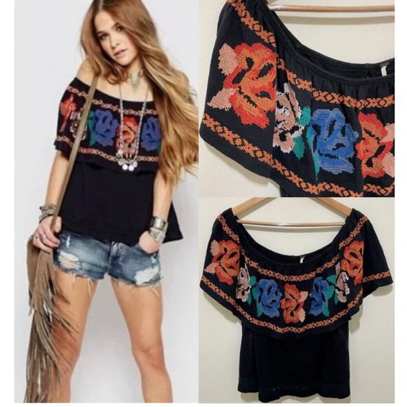 FREE PEOPLE EMBROIDERED OFF-SHOULDER TOP, SIZE MEDIUM - Picture 1 of 16